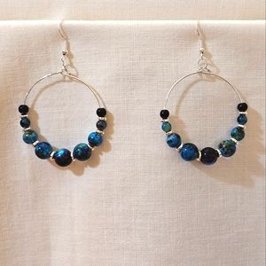 Handmade hoop beaded earrings in multi blue tones with black and silver beads
